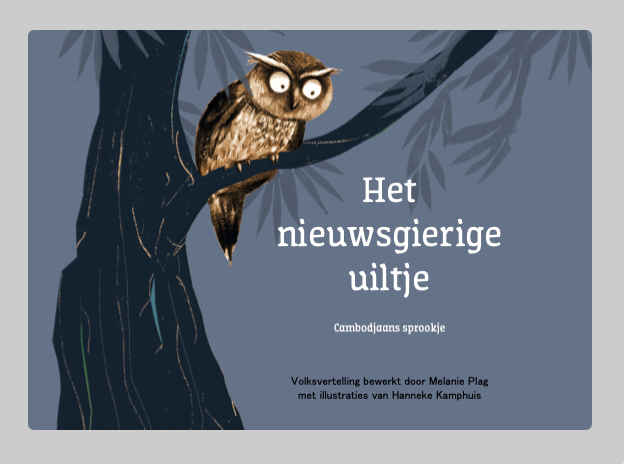 Titelplaat kamishibai vertelplaat Het nieuwsgierige uiltje, illustratie van Hannneke Kamphuis